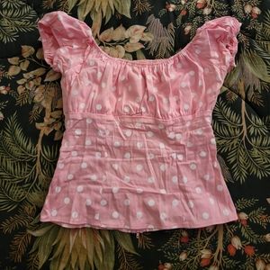 Pinup girl clothing pinup couture pink polka dot peasant top size small